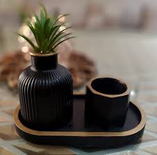 Beautiful Concrete Mini Vase and Oval mini Tray and small jar set of 3| Black and Golden colour vase and Oval Tray and small jar| Minimal design || Decorative vasd Oval tray small jar Home decor | Dry flowers vase and Oval Trayand small jar